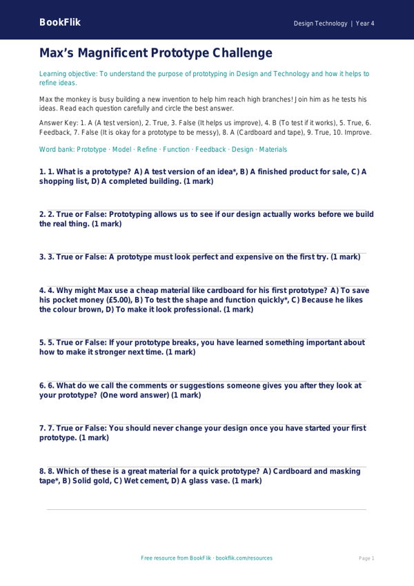 Free Prototyping Quiz | Year 4 | Design Technology | BookFlik worksheet preview — Design-Technology Prototyping