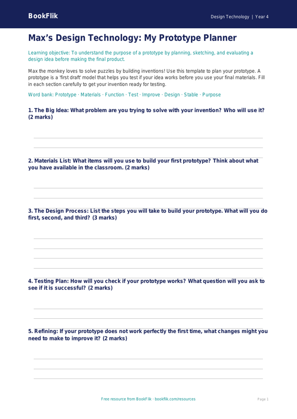 Free Prototyping Template for Year 4 Design Technology | BookFlik worksheet preview — Design-Technology Prototyping