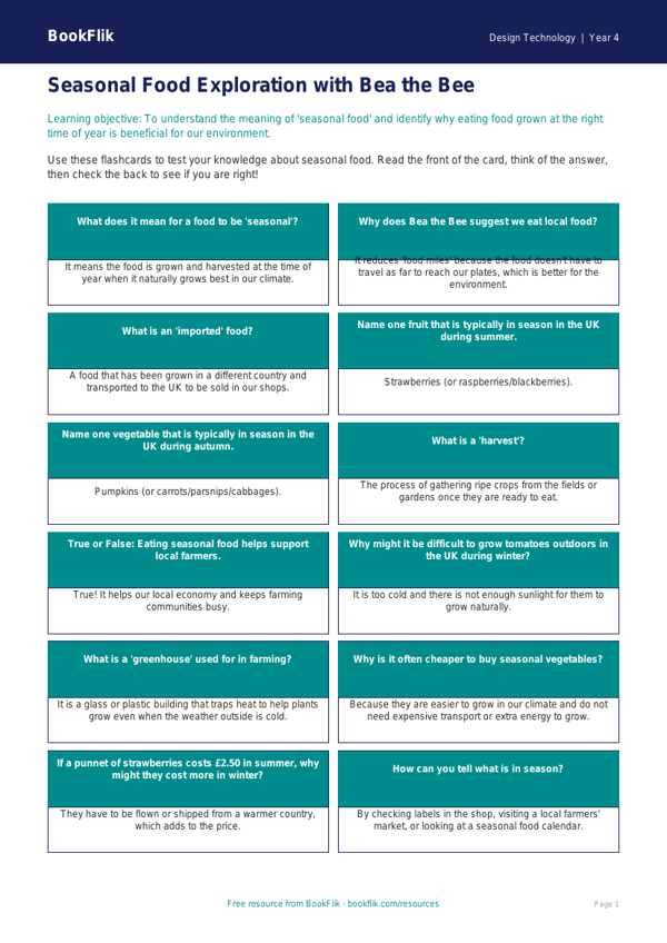 Free Seasonal Food Flashcards | Year 4 | Design Technology | BookFlik worksheet preview — Design-Technology Seasonal Food