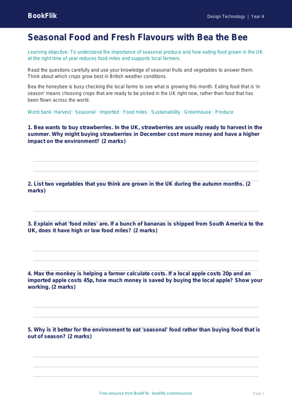 Free Seasonal Food Worksheet | Year 4 | Design Technology | BookFlik worksheet preview — Design-Technology Seasonal Food