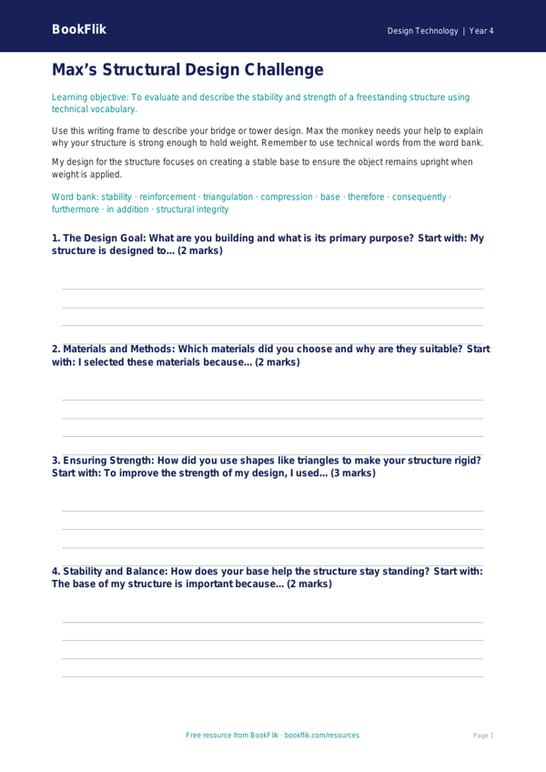 Free Structures Writing Frame | Year 4 | Design Technology | BookFlik worksheet preview — Design-Technology Structures