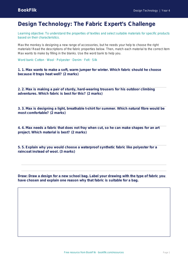 Free Textiles Activity Sheet | Year 4 | Design Technology | BookFlik worksheet preview — Design-Technology Textiles