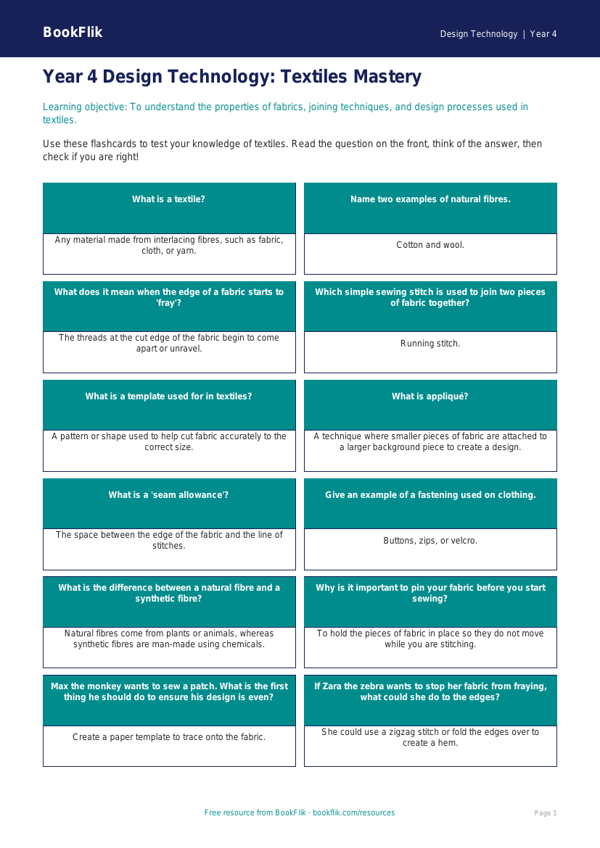 Free Textiles Flashcards for Year 4 | Design Technology | BookFlik worksheet preview — Design-Technology Textiles