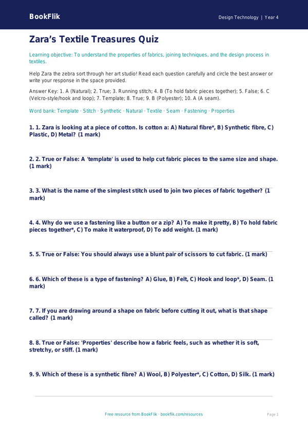 Free Textiles Quiz | Year 4 | Design Technology | BookFlik worksheet preview — Design-Technology Textiles