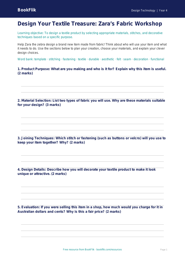 Free Textiles Design Template for Year 4 | BookFlik worksheet preview — Design-Technology Textiles