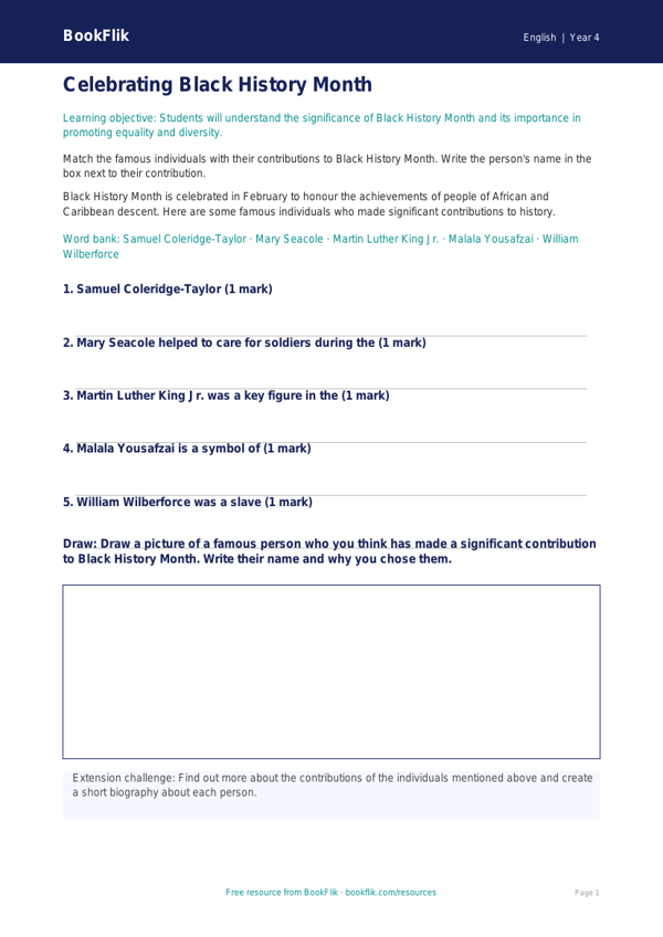 English black history month activity sheet year 4 core worksheet preview — English Black History Month