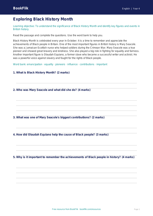 English black history month track sheet year 4 core worksheet preview — English Black History Month