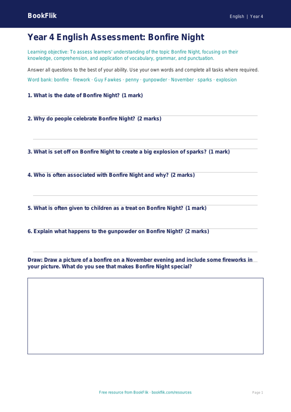 Free Bonfire Night Reading Activity | Year 4 | English | BookFlik worksheet preview — English Bonfire Night