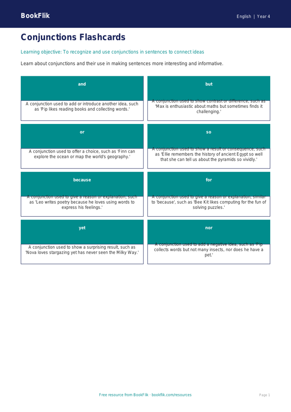 Free Conjunctions Flashcards | Year 4 | English | BookFlik worksheet preview — English Conjunctions