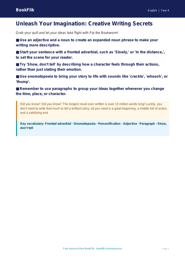 Free Creative Writing Poster | Year 4 | English | BookFlik worksheet preview — English Creative Writing