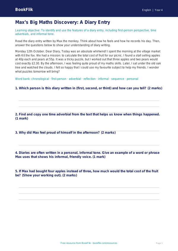 English diary writing track sheet year 4 core worksheet preview — English Diary Writing