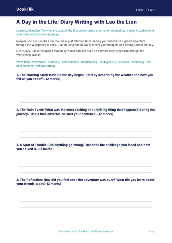 Free Diary Writing Writing Frame | Year 4 | English | BookFlik worksheet preview — English Diary Writing