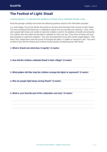 Free Diwali Story Comprehension | Year 4 | English | BookFlik