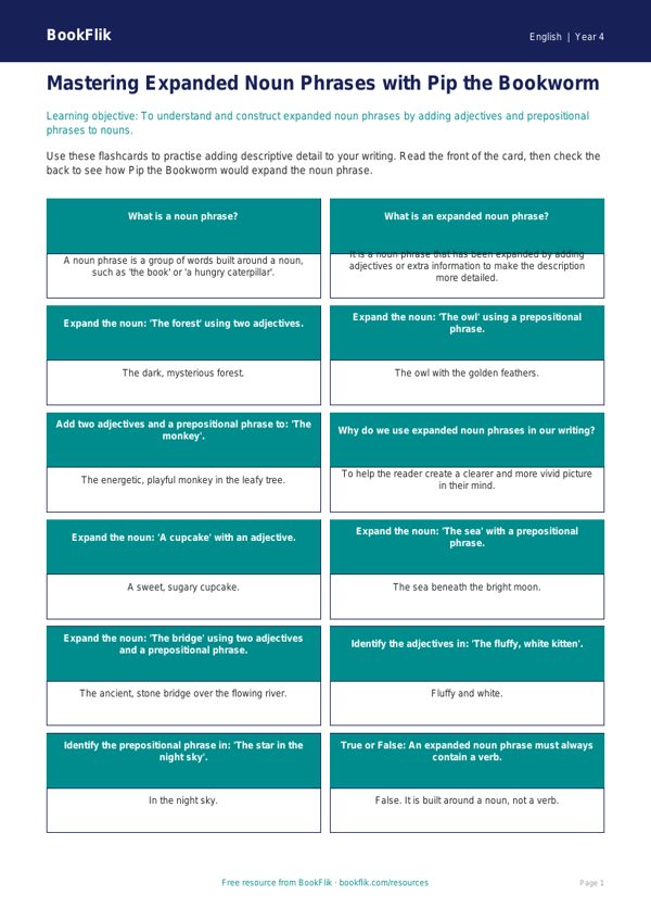 English expanded noun phrases flashcards year 4 core worksheet preview — English Expanded Noun Phrases
