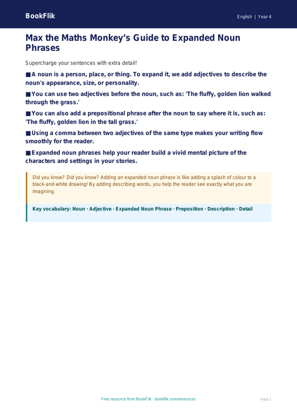 English expanded noun phrases poster year 4 core worksheet preview — English Expanded Noun Phrases