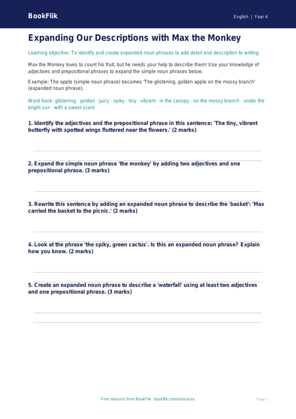 Free Expanded Noun Phrases Worksheet | Year 4 | English | BookFlik worksheet preview — English Expanded Noun Phrases
