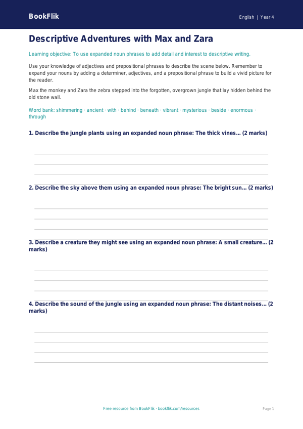 Free Expanded Noun Phrases Writing Frame | Year 4 | English | BookFlik worksheet preview — English Expanded Noun Phrases