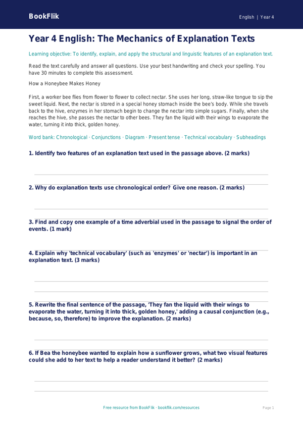 Free Explanation Texts Assessment | Year 4 | English | BookFlik worksheet preview — English Explanation Texts