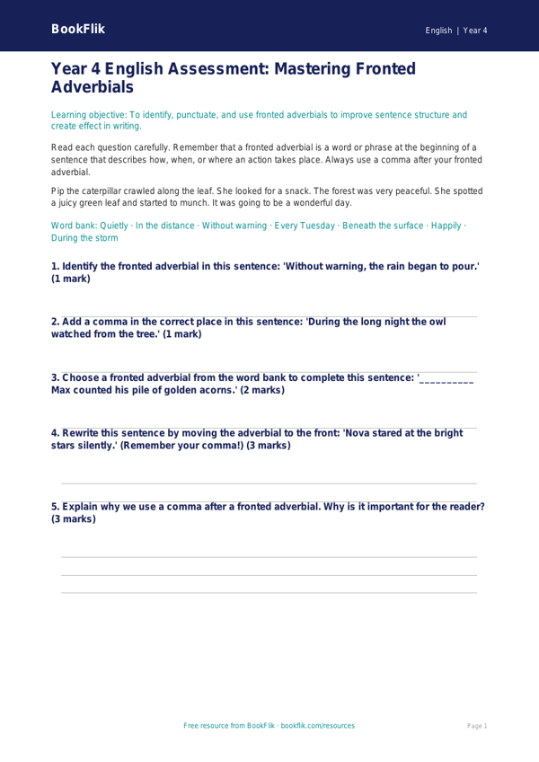 Free Fronted Adverbials Assessment | Year 4 | English | BookFlik worksheet preview — English Fronted Adverbials