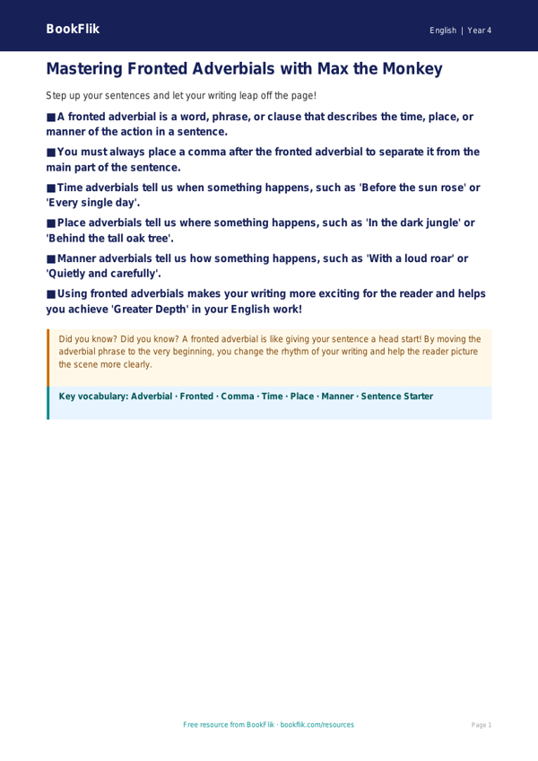 Free Fronted Adverbials Poster | Year 4 | English | BookFlik worksheet preview — English Fronted Adverbials