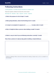 English instructions worksheet year 4 core