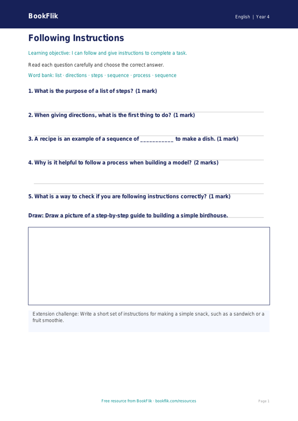 English instructions worksheet year 4 core worksheet preview — English Instructions