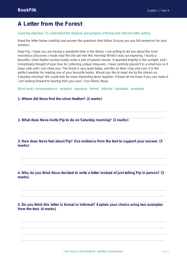 English letter writing comprehension year 4 core worksheet preview — English Letter Writing