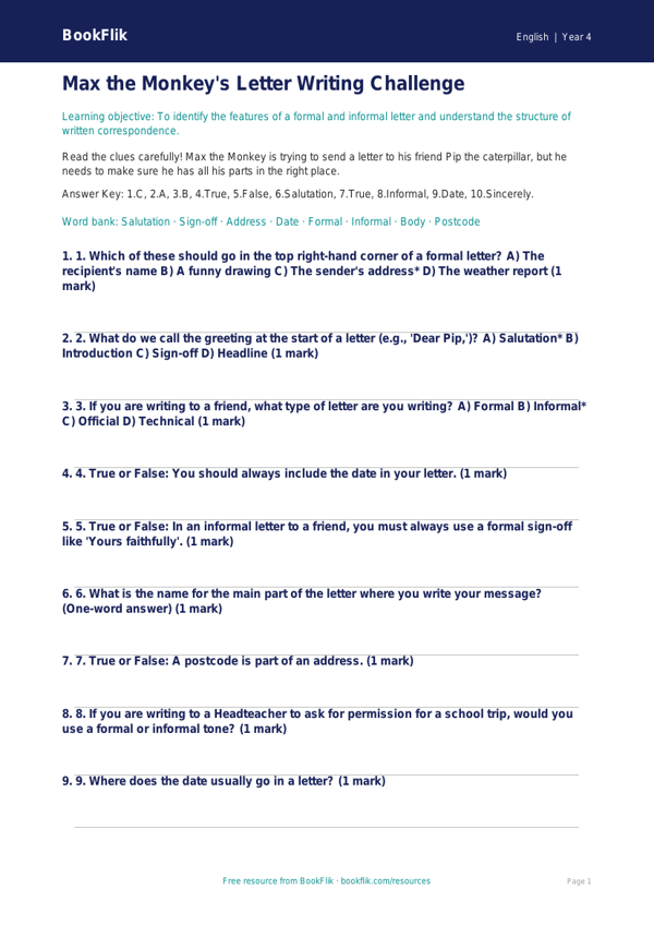 Free Letter Writing Quiz | Year 4 | English | BookFlik worksheet preview — English Letter Writing