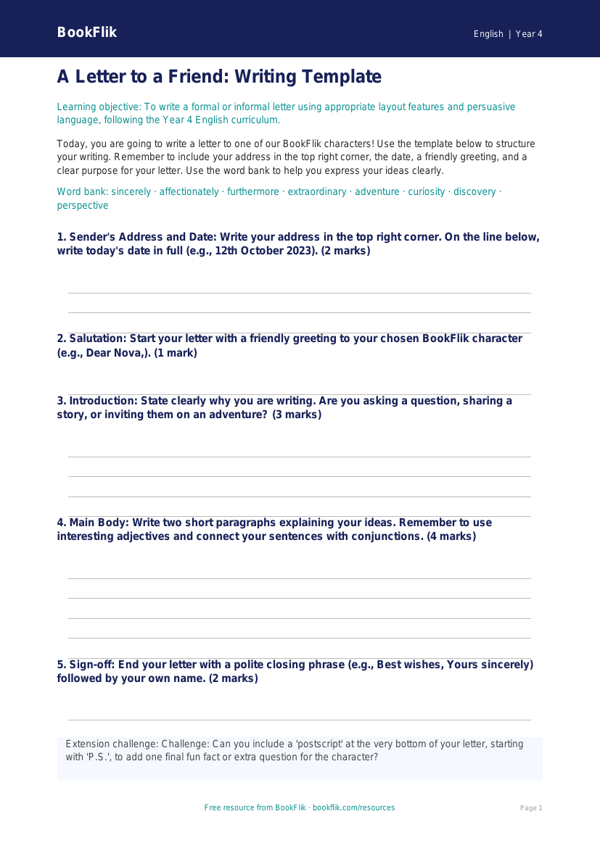 Free Letter Writing Template | Year 4 | English | BookFlik worksheet preview — English Letter Writing
