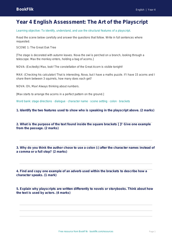 Free Playscripts Assessment | Year 4 | English | BookFlik worksheet preview — English Playscripts