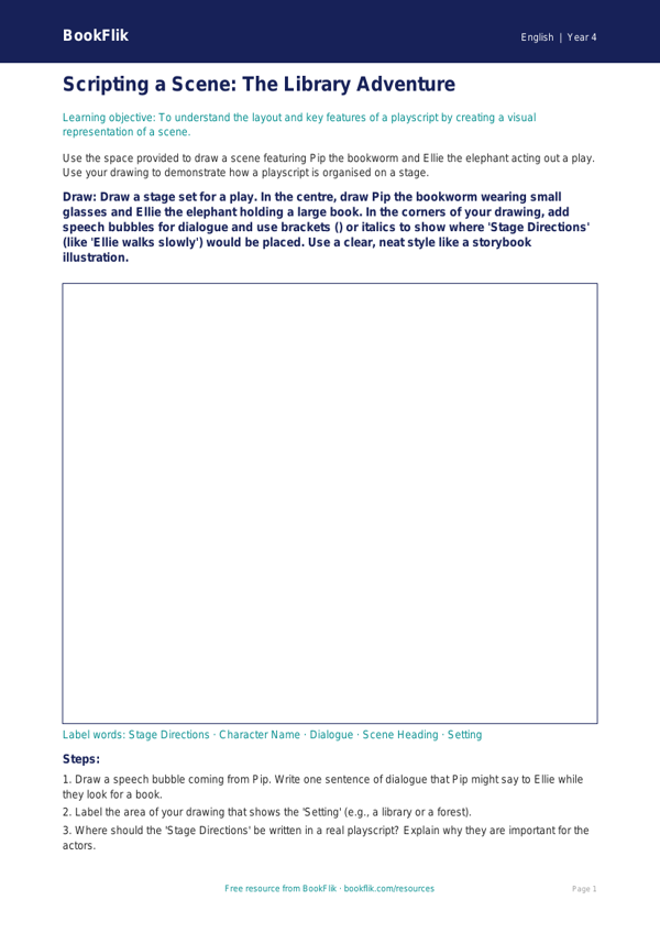 Free Playscripts Drawing Sheet | Year 4 | English | BookFlik worksheet preview — English Playscripts
