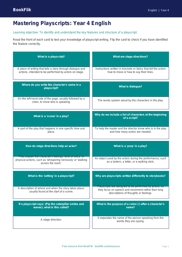 English playscripts flashcards year 4 core worksheet preview — English Playscripts
