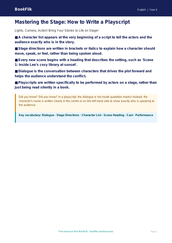 Free Playscripts Poster | Year 4 | English | BookFlik worksheet preview — English Playscripts