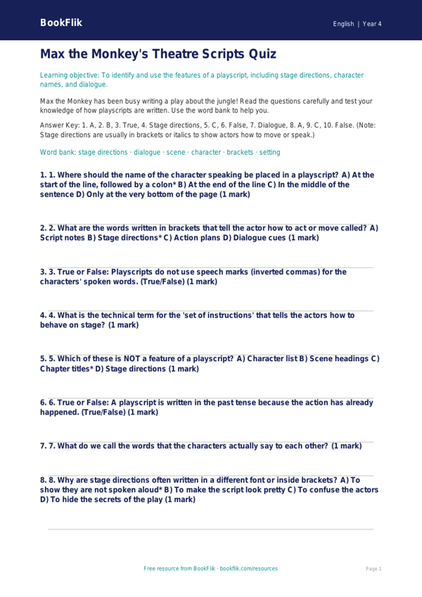 Free Playscripts Quiz | Year 4 | English | BookFlik worksheet preview — English Playscripts