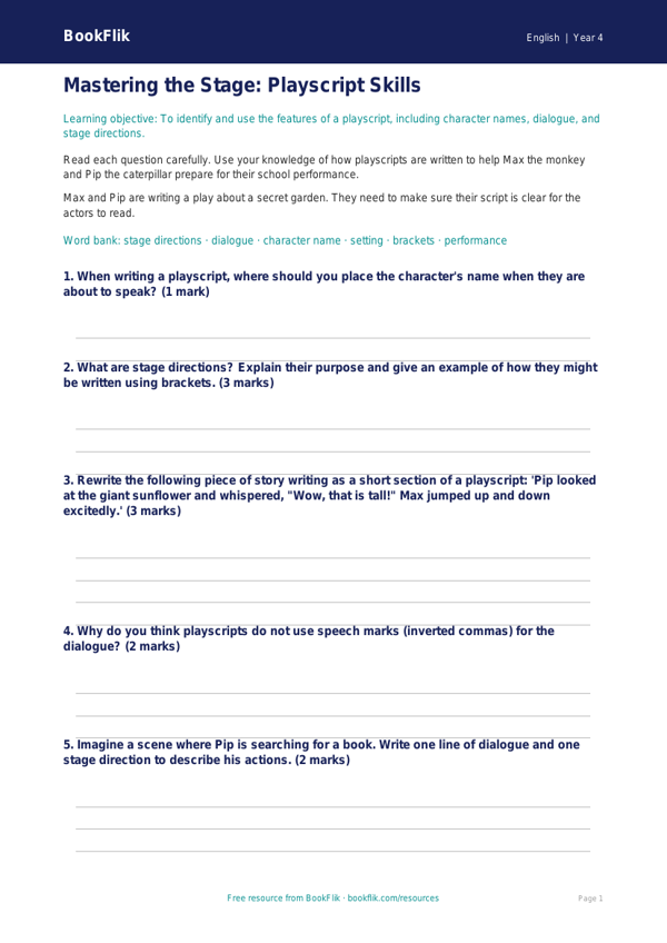 Free Playscripts Worksheet | Year 4 | English | BookFlik worksheet preview — English Playscripts
