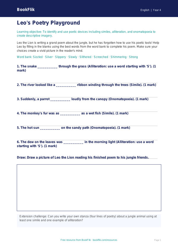 Free Poetry Activity Sheet for Year 4 Students | BookFlik worksheet preview — English Poetry