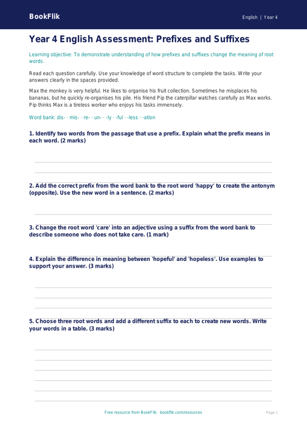 English prefixes and suffixes assessment year 4 core worksheet preview — English Prefixes And Suffixes