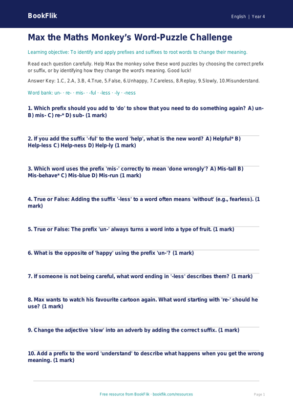 Free Prefixes And Suffixes Quiz | Year 4 | English | BookFlik worksheet preview — English Prefixes And Suffixes