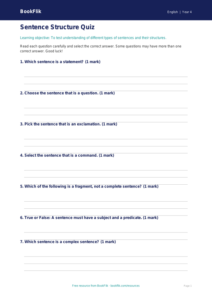 Free Sentence Structure Quiz | Year 4 | English | BookFlik