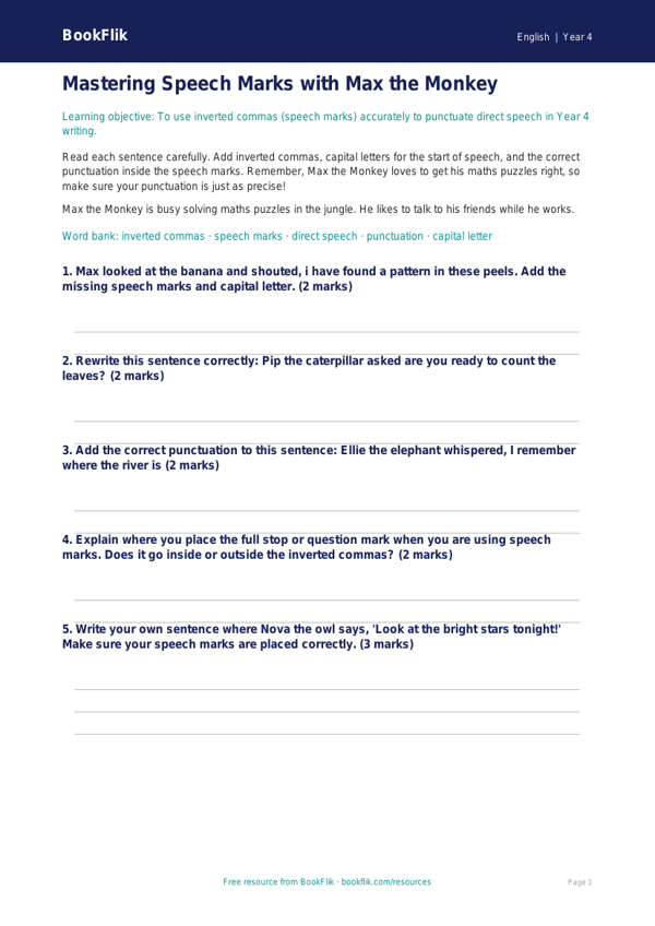 Free Speech Marks Worksheet | Year 4 | English | BookFlik worksheet preview — English Speech Marks
