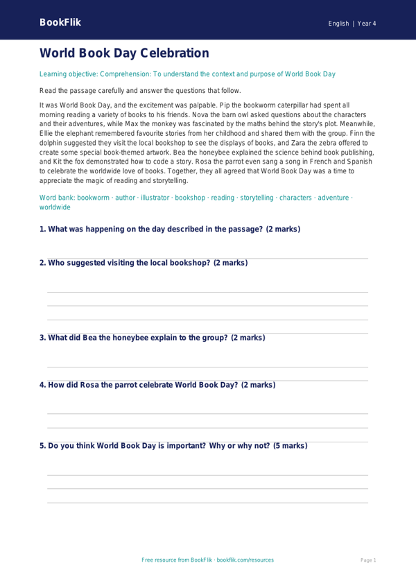 Free World Book Day Comprehension | Year 4 | English | BookFlik worksheet preview — English World Book Day