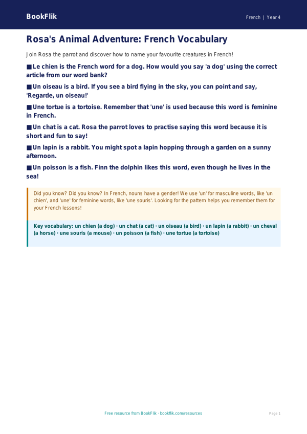 Free French Animals Poster for Year 4 Students | BookFlik worksheet preview — French Animals