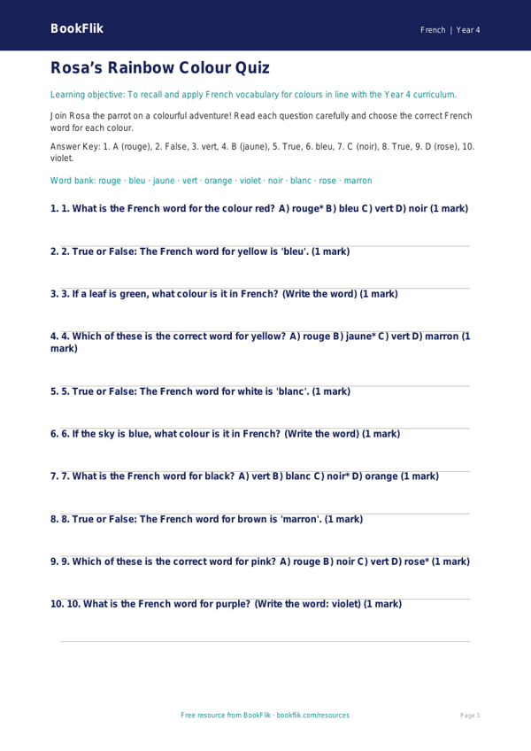 Free Colours Quiz for Year 4 Students | BookFlik worksheet preview — French Colours