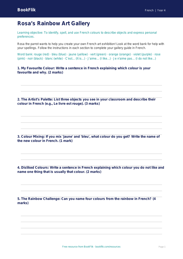 Free Colourful French Colour Chart | Year 4 | BookFlik worksheet preview — French Colours