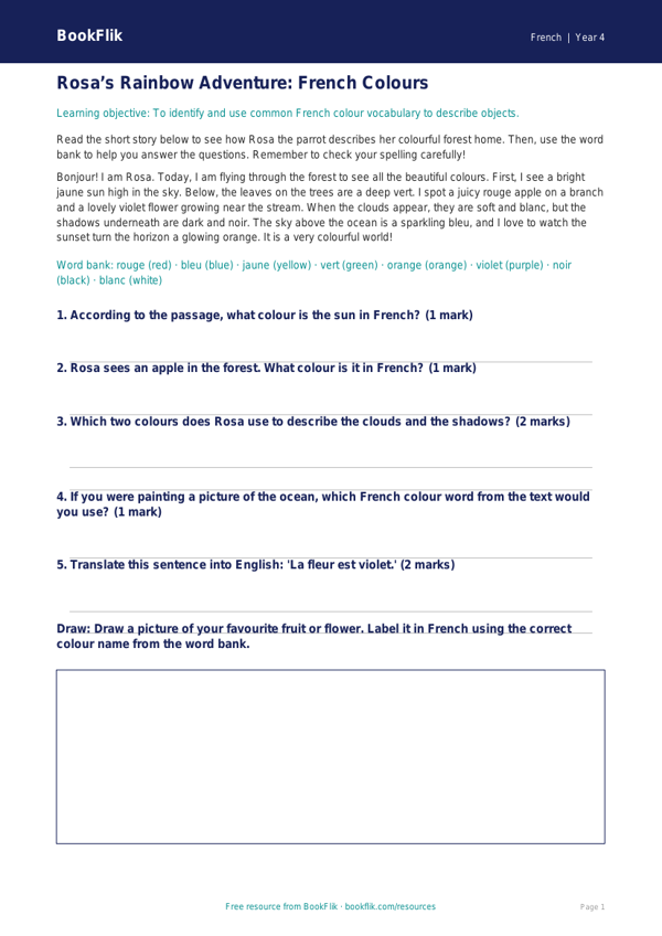 Free Colours Track Sheet for Year 4 French Lessons | BookFlik worksheet preview — French Colours