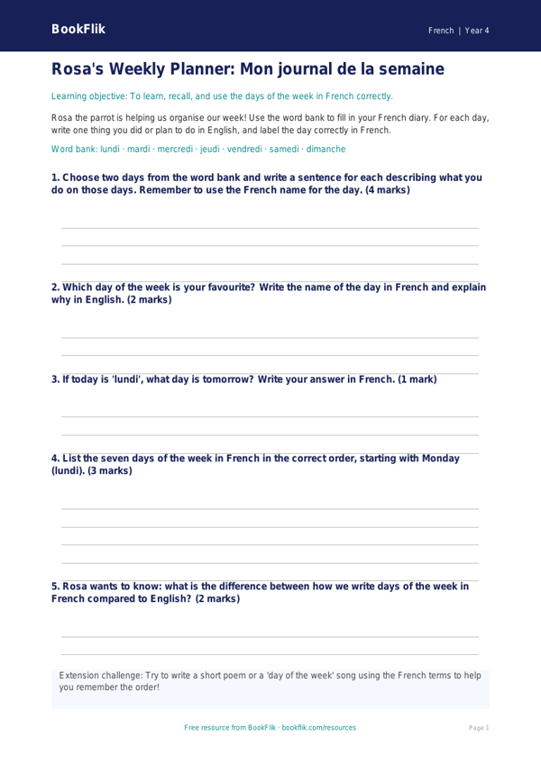 Learn Days of the Week in French with BookFlik - Year 4 Template worksheet preview — French Days Of The Week