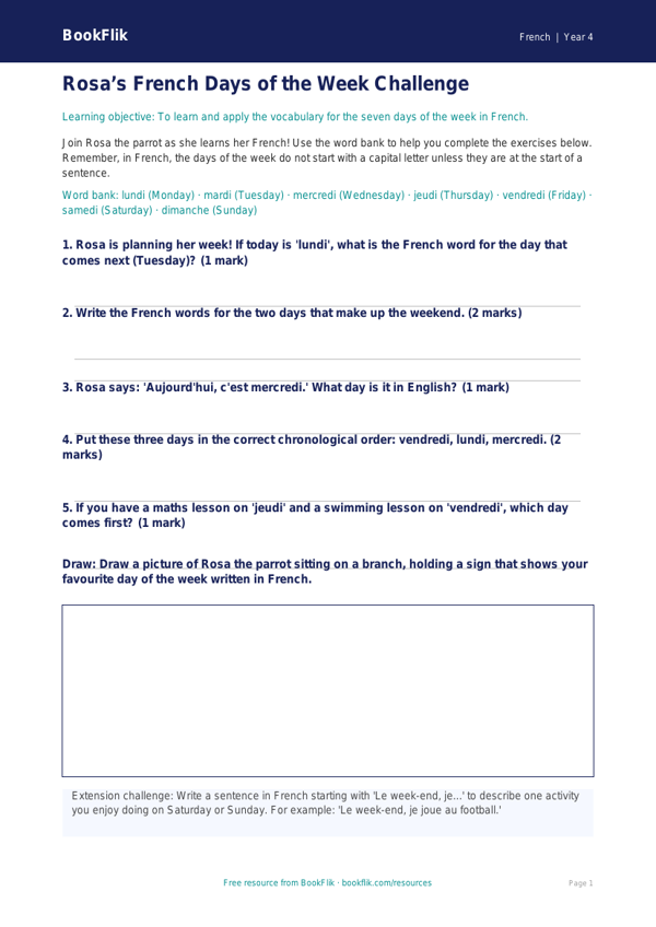 Learn Days of the Week in French | Year 4 Worksheet | BookFlik worksheet preview — French Days Of The Week