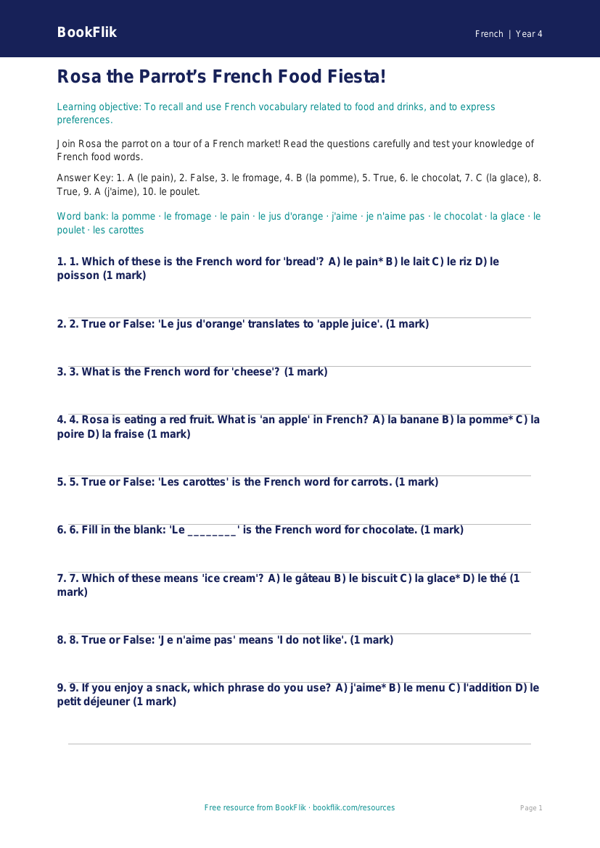 Free Year 4 French Food Quiz | BookFlik worksheet preview — French Food