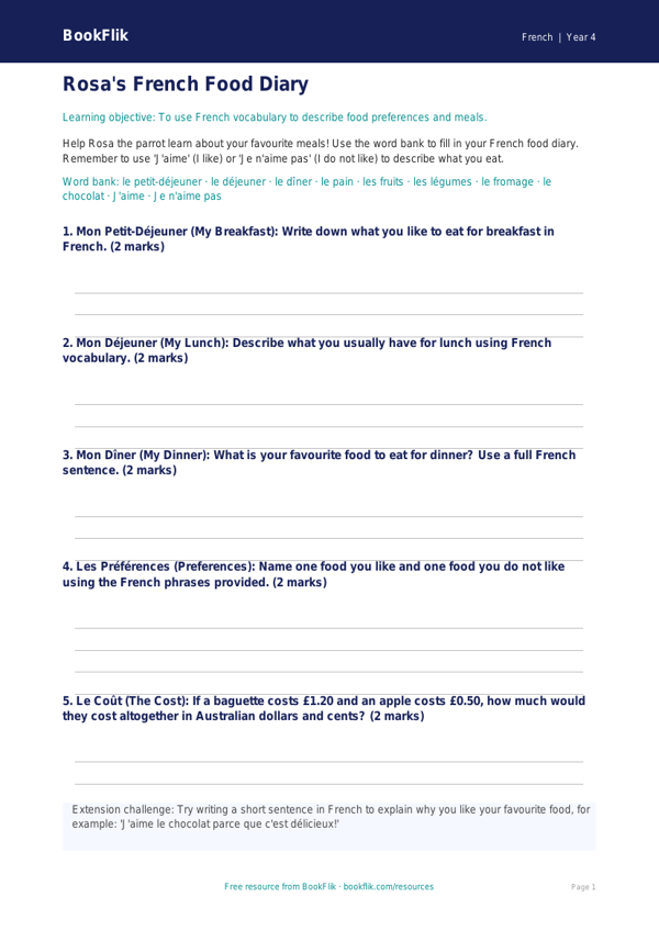 Free Food Template | Year 4 | French | BookFlik worksheet preview — French Food