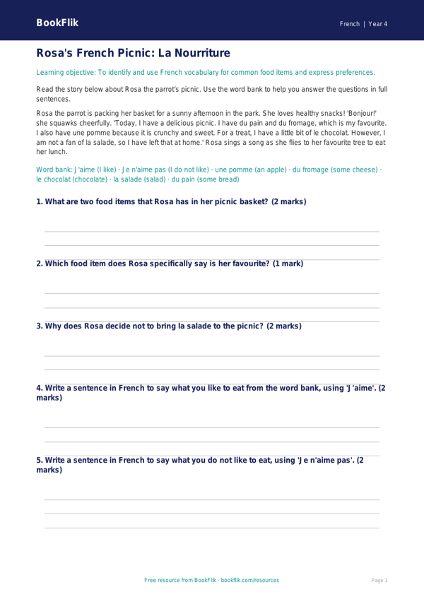 Free Food Track Sheet | Year 4 | French | BookFlik worksheet preview — French Food